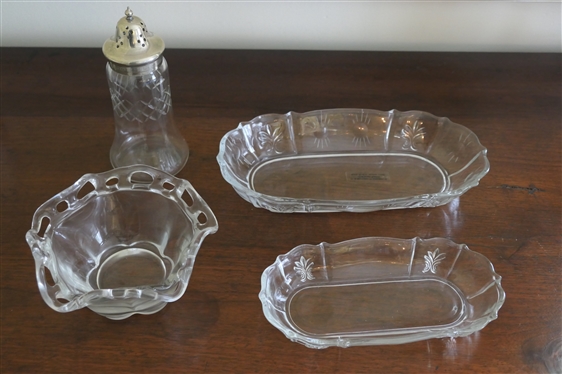 2 Oval Fostoria Dishes, Sugar Shaker with Etched X''s, and Fluted Bowl - Largest Baroque Bowl Measures 10 1/2 by 5 1/2 