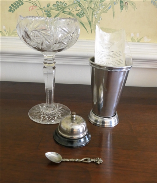 Counter Bell, Olive & Cocoa Julep Cup, Italy Spoon, and Beautiful Footed Cut Glass Compote - Measuring 9"Tall 
