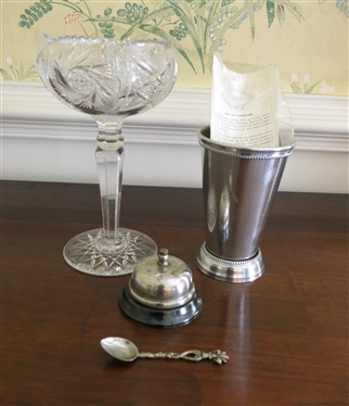 Counter Bell, Olive & Cocoa Julep Cup, Italy Spoon, and Beautiful Footed Cut Glass Compote - Measuring 9Tall 