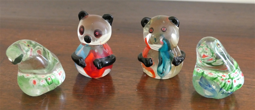 4 Art Glass Animals - Millefiori Frogs and Pandas - Frogs Measure 2 Tall 