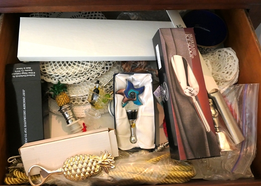 Serving Lot including Trivets, Bottle Openers, Art Glass Stopper, Silverplate Scoop, Etc. 