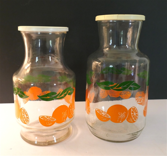 2 Orange Juice Bottles with Plastic Lids - Larger is 9 1/2" tall 