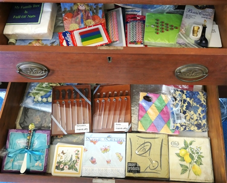 2 Drawers of Cocktail Napkins, Birthday Candles, Cocktail Forks, Coasters, Placemats, Etc.