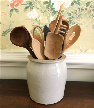 Stone Crock Full of Wooden Kitchen Utensils - Wood Whisk, Tribal Carved Salad Set, Forks, Spoons, 