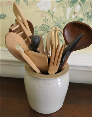 Stone Crock Full of Wooden Kitchen Utensils - Wood Whisk, Tribal Carved Salad Set, Forks, Spoons, 