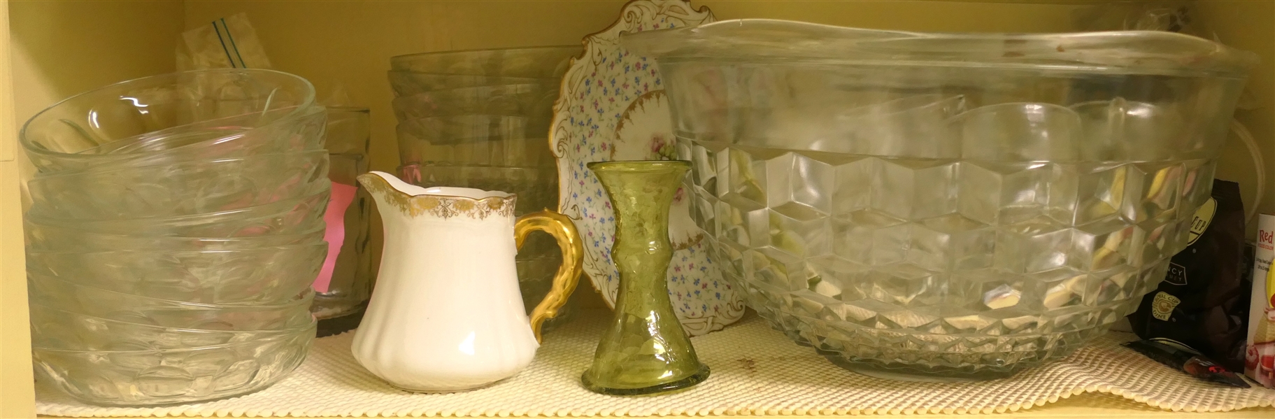 Shelf Lot including Cubist Punch Bowl and Cups, Clear Glass Bowls, Green Crackel Glass Vase, China, Coffee Grinder, Rose Etched Platter is Chipped