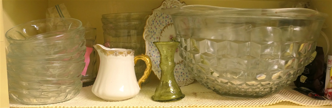 Shelf Lot including Cubist Punch Bowl and Cups, Clear Glass Bowls, Green Crackel Glass Vase, China, Coffee Grinder, Rose Etched Platter is Chipped