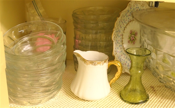 Shelf Lot including Cubist Punch Bowl and Cups, Clear Glass Bowls, Green Crackel Glass Vase, China, Coffee Grinder, Rose Etched Platter is Chipped