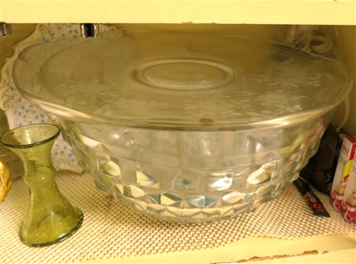 Shelf Lot including Cubist Punch Bowl and Cups, Clear Glass Bowls, Green Crackel Glass Vase, China, Coffee Grinder, Rose Etched Platter is Chipped