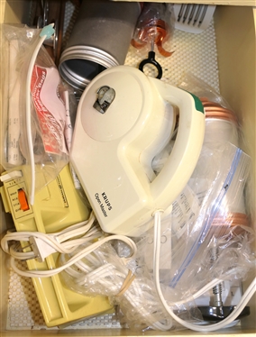 Kitchen Drawer Lot including Hand Mixer, Krups Can Opener, Several Cookie Presses, Etc. 