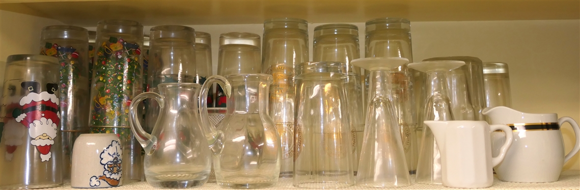 Shelf Lot of Glasses - Santa''s Helper Louisville Stoneware Shot Glass, Christmas Glasses, Episcopal High School - Virginia Glasses, Creamers, Clear Glasses 