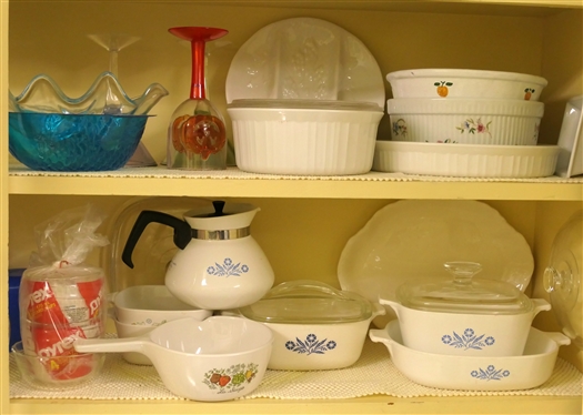 Kitchen Cabinet Lot including Corningware Casserole Dishes, Cornflower Blue, Corelle Bowls, Misc Plates, Mugs, and Silverplate Items