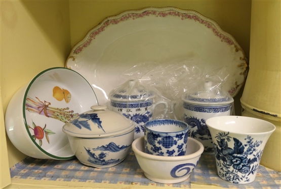 Kitchen Shelf Lot including Blue and Whtie Porcelain, Jars with Blue Dragons, Large Oval Platter, Royal Worcester Oval Casserole