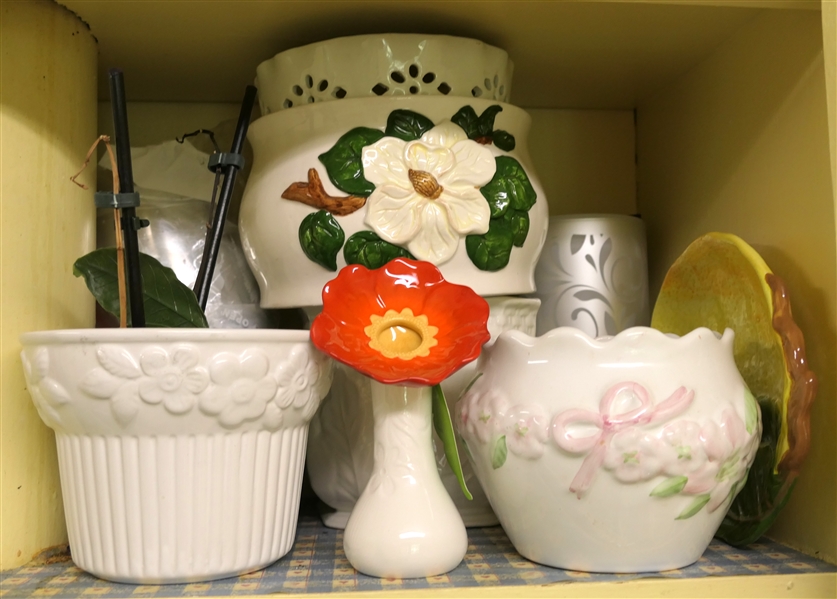 Kitchen Shelf Lot including Several Cache Pots / Planters, Lemon Platter, Grasslands Road Ceramic Vase, Faux Orchid