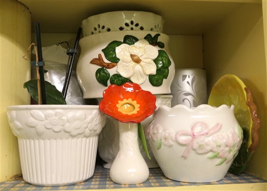 Kitchen Shelf Lot including Several Cache Pots / Planters, Lemon Platter, Grasslands Road Ceramic Vase, Faux Orchid