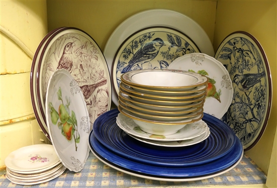 Kitchen Shelf Lot including Bird Plates, Epiag Czechoslovakia Bowls, Fruit Plates, Platters, Butter Pats.