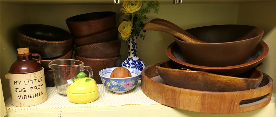Kitchen Shelf Lot including Wooden Bowls, Salad Set, Blue and White Vase, Ceramic Lemon Dish, My Little Jug From Virginia Oriental Bowl 