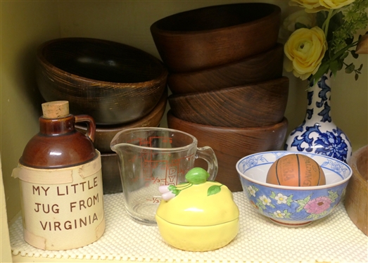 Kitchen Shelf Lot including Wooden Bowls, Salad Set, Blue and White Vase, Ceramic Lemon Dish, My Little Jug From Virginia Oriental Bowl 