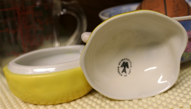 Kitchen Shelf Lot including Wooden Bowls, Salad Set, Blue and White Vase, Ceramic Lemon Dish, My Little Jug From Virginia Oriental Bowl 