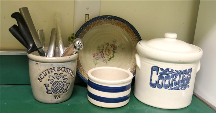 Kitchen Lot - South Boston Virigina Blue and Gray Utensil Crock, Roseville Stone Jar, Pfaltzgraff Cookie Jar, and Stoneware Plate, Utensils Include Glass Cocktail Stirrers, Chicago Cutlery Knives,...