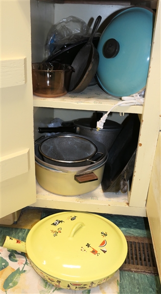 Cookware Lot including Club Aluminum Pots, Corning Vision Ware, Lodge Cast Iron Skillet, Cast Iron Enamel Braiser, Square Cast Iron Skillet,  Etc. 