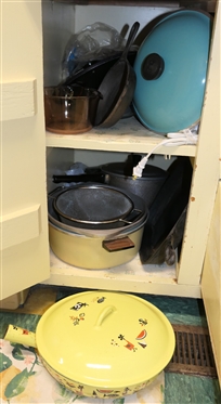 Cookware Lot including Club Aluminum Pots, Corning Vision Ware, Lodge Cast Iron Skillet, Cast Iron Enamel Braiser, Square Cast Iron Skillet,  Etc. 