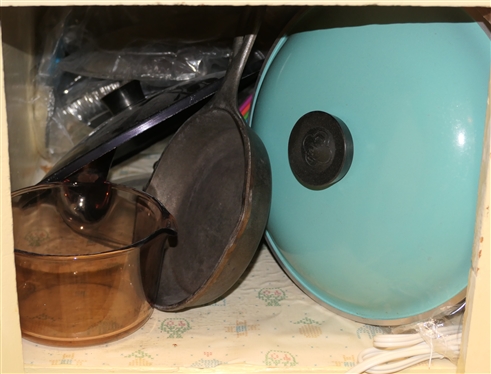 Cookware Lot including Club Aluminum Pots, Corning Vision Ware, Lodge Cast Iron Skillet, Cast Iron Enamel Braiser, Square Cast Iron Skillet,  Etc. 