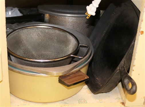 Cookware Lot including Club Aluminum Pots, Corning Vision Ware, Lodge Cast Iron Skillet, Cast Iron Enamel Braiser, Square Cast Iron Skillet,  Etc. 