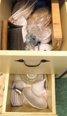 Kitchen Lot including Bacon Press, Shell Dishes, Ramekins, Cheese Slicer, Country Blue Covered Dish, Mandolin, Bowls, Small Rectangular Casseroles, Juicer, 