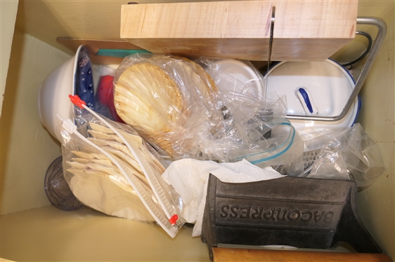 Kitchen Lot including Bacon Press, Shell Dishes, Ramekins, Cheese Slicer, Country Blue Covered Dish, Mandolin, Bowls, Small Rectangular Casseroles, Juicer, 