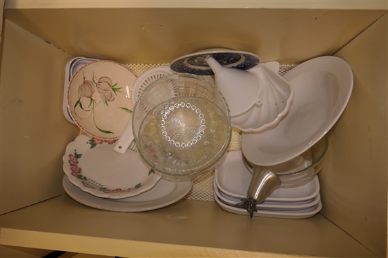Kitchen Lot including Bacon Press, Shell Dishes, Ramekins, Cheese Slicer, Country Blue Covered Dish, Mandolin, Bowls, Small Rectangular Casseroles, Juicer, 