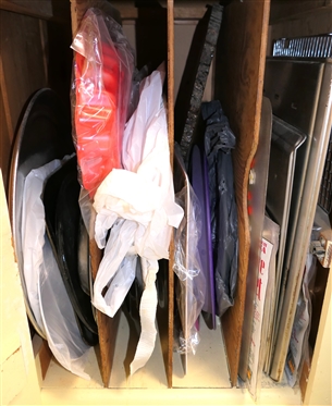 Kitchen Cabinet Lot - Trays, Sheet Pans, Cookie Sheets, Lots of Plastic Serving Platters / Trays
