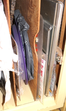 Kitchen Cabinet Lot - Trays, Sheet Pans, Cookie Sheets, Lots of Plastic Serving Platters / Trays