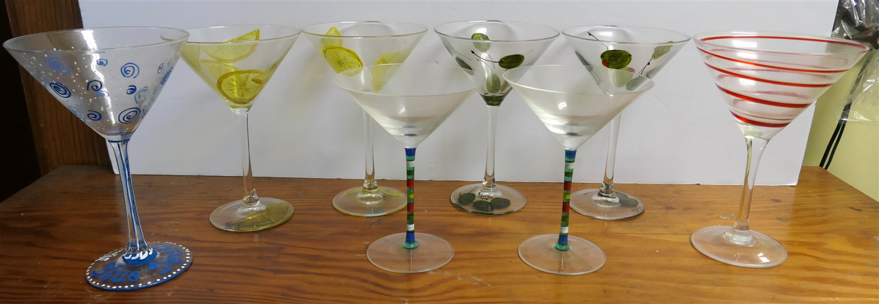 8 Hand Painted Martini Glasses - 2 Olives, 2 Lemons, 2 Striped Stems, and 2 Misc. 