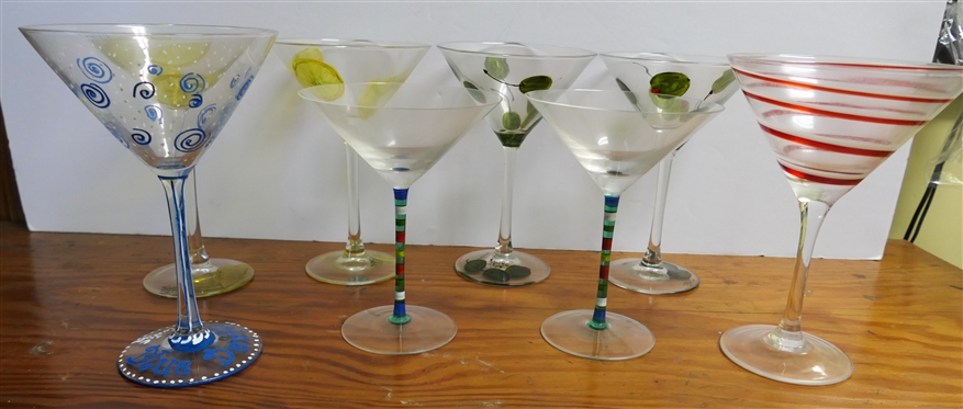 8 Hand Painted Martini Glasses - 2 Olives, 2 Lemons, 2 Striped Stems, and 2 Misc. 
