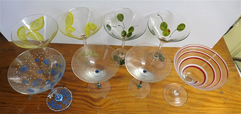 8 Hand Painted Martini Glasses - 2 Olives, 2 Lemons, 2 Striped Stems, and 2 Misc. 