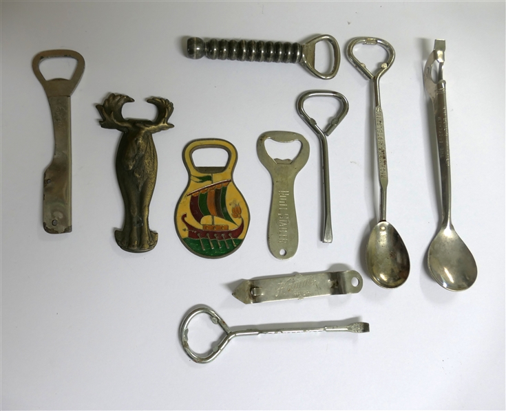 Collection of Advertising Bottle Openers and Bar Spoons - Richmond Hotels, Ace Hardware, The Shoreman Hotel and Motor Inn - Washington, D.C. Enamel Opener, Canada Moose, Hotel Satler, Hammers...