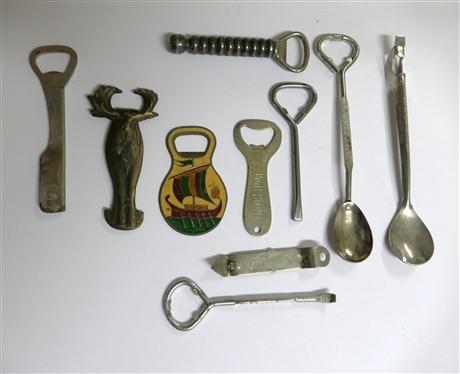 Collection of Advertising Bottle Openers and Bar Spoons - Richmond Hotels, Ace Hardware, The Shoreman Hotel and Motor Inn - Washington, D.C. Enamel Opener, Canada Moose, Hotel Satler, Hammer''s...