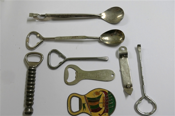 Collection of Advertising Bottle Openers and Bar Spoons - Richmond Hotels, Ace Hardware, The Shoreman Hotel and Motor Inn - Washington, D.C. Enamel Opener, Canada Moose, Hotel Satler, Hammer''s...