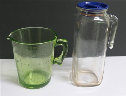 Green Depression Measuring Pitcher and Italian Glass Pitcher with Lid Blue Plastic Lid