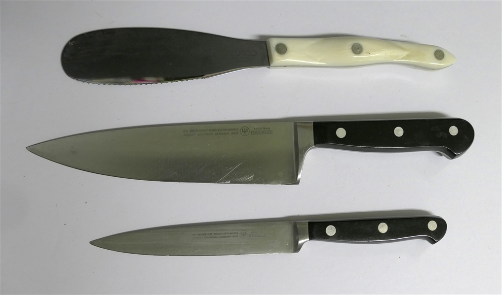 Wusthof 16cm Chefs Knife, 12cm Knife, and Cutco 1768 KB Spreader with White Handle 