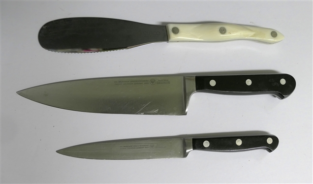 Wusthof 16cm Chef''s Knife, 12cm Knife, and Cutco 1768 KB Spreader with White Handle 