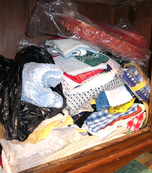 Lot of Table Linens - Tablecloths, Cloth Napkins, Placemats, Aprons, Kitchen Towels, Wicker Paper Plate Holders,  Etc. 
