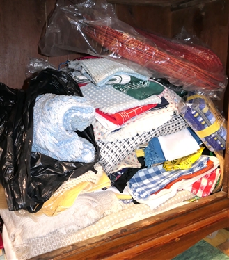 Lot of Table Linens - Tablecloths, Cloth Napkins, Placemats, Aprons, Kitchen Towels, Wicker Paper Plate Holders,  Etc. 