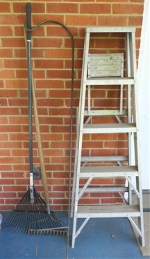 Garden Rake, Yard Rake, Shepherds Hook Plant Holder and Aluminum Ladder 