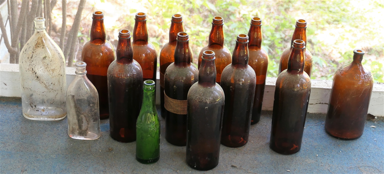 Lot of Bottles - Little Bow Peep Ammonia, Crass Pale - Richmond, VA Green Bottle, Clorox, and 11 Brown 1 Quart Bottles 