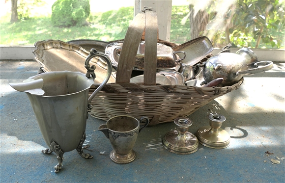 Large Basket Full of Silverplate - Pitchers, Candle Sticks, Platters, Covered Dishes, Cream & Sugar
