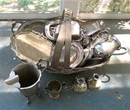 Large Basket Full of Silverplate - Pitchers, Candle Sticks, Platters, Covered Dishes, Cream & Sugar