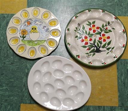 3 Egg Plates - Crackel Finish with Tree and Fruits, White Ceramic Egg Shaped, and Hand Painted Love Rosana ''04 - With Sad Chicken - Measuring 11 Across