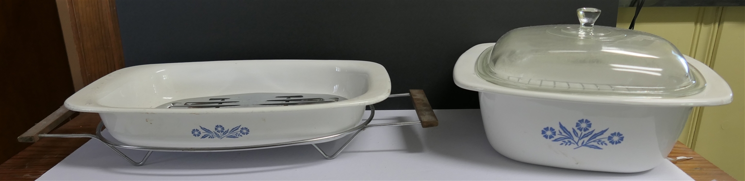 Corningware Cornflower Blue 4 quart Dutch Oven with Lid and Insert and Roaster Pan with Metal Insert and Stand